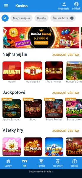Mobilná verzia Tipsport Casino