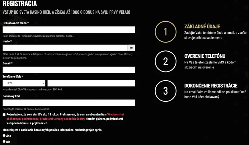 Registrácia na webovej stránke kasína double star