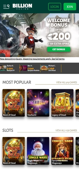 Mobilna različica spletnega mesta Billion Casino